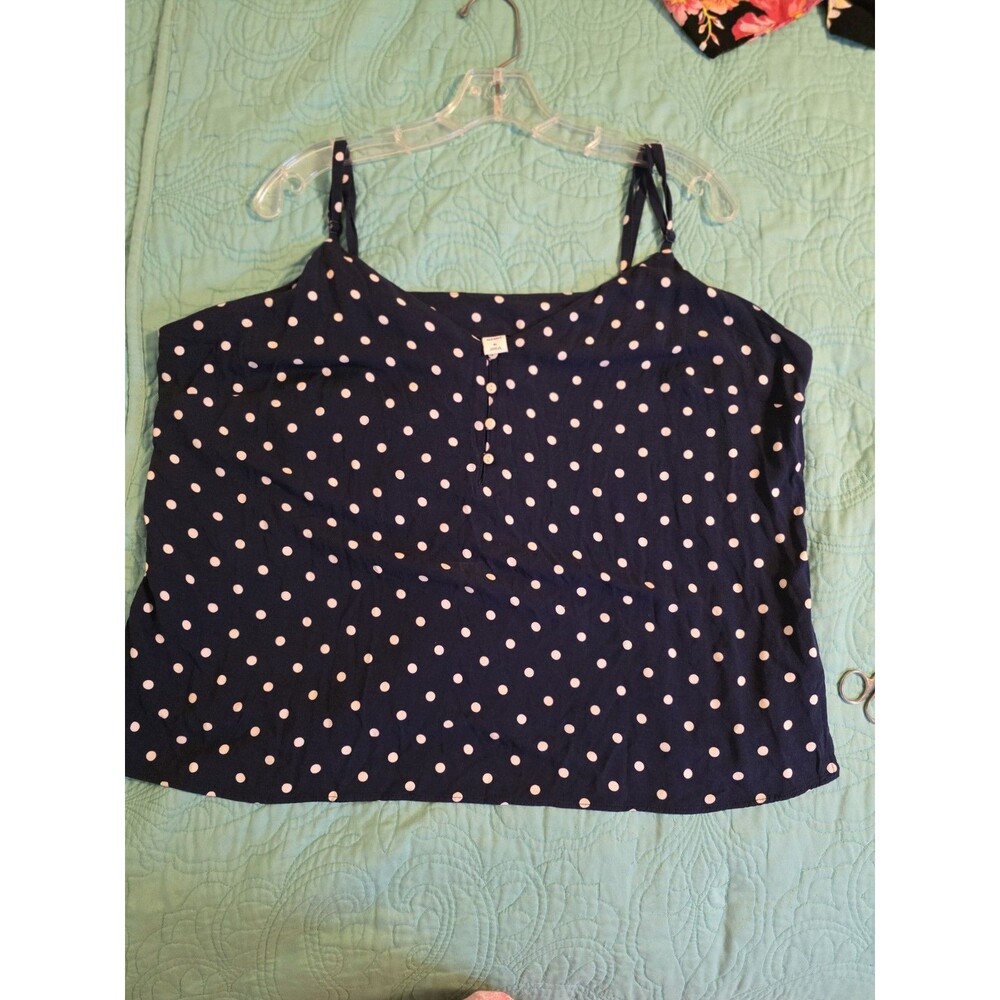 Old Navy Women XL Blueβ Polka Dot Rayon V-Neck 1/4 Button Tank Top Nautical